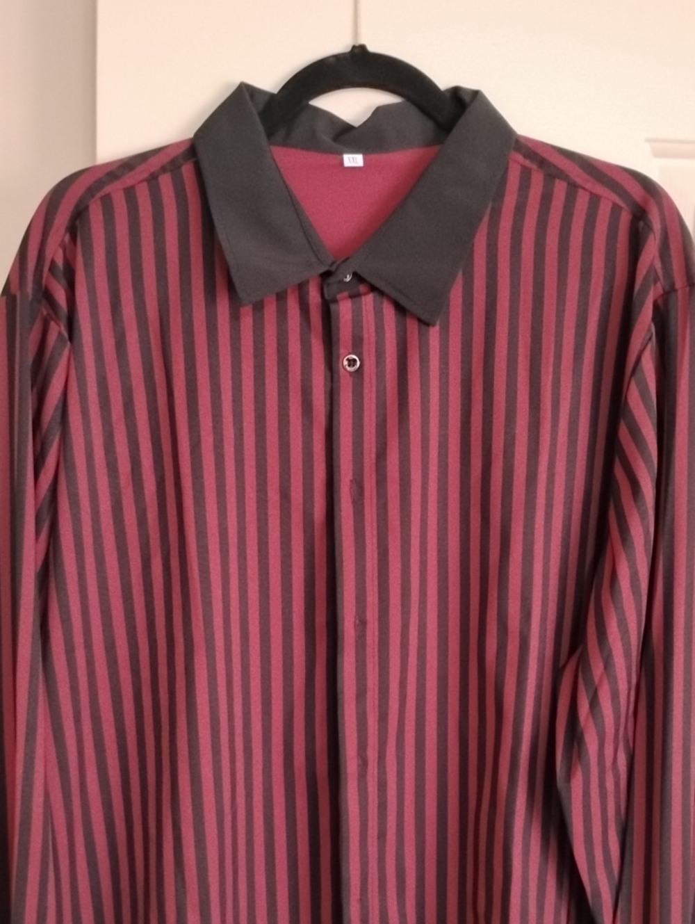 Men's Burgundy and Black Vertical Stripe Dress Shirt with Black Contrast Collar